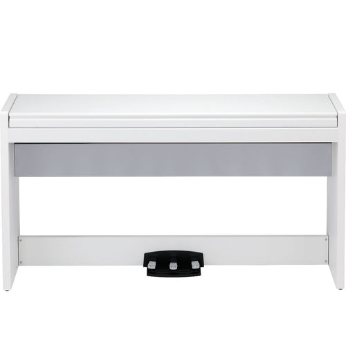 Perspective view of Korg LP-380U Digital Piano - White with key cover closed showing top and front