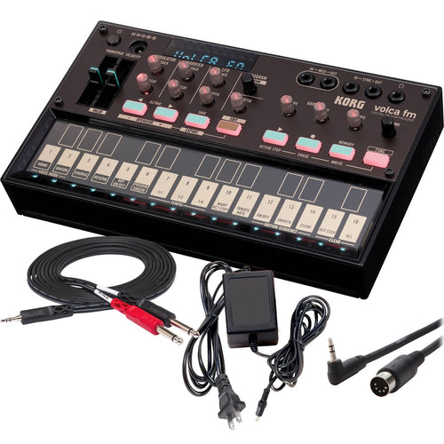 Collage showing components in Korg Volca FM 2 Digital FM Synthesizer POWER & CABLE RIG