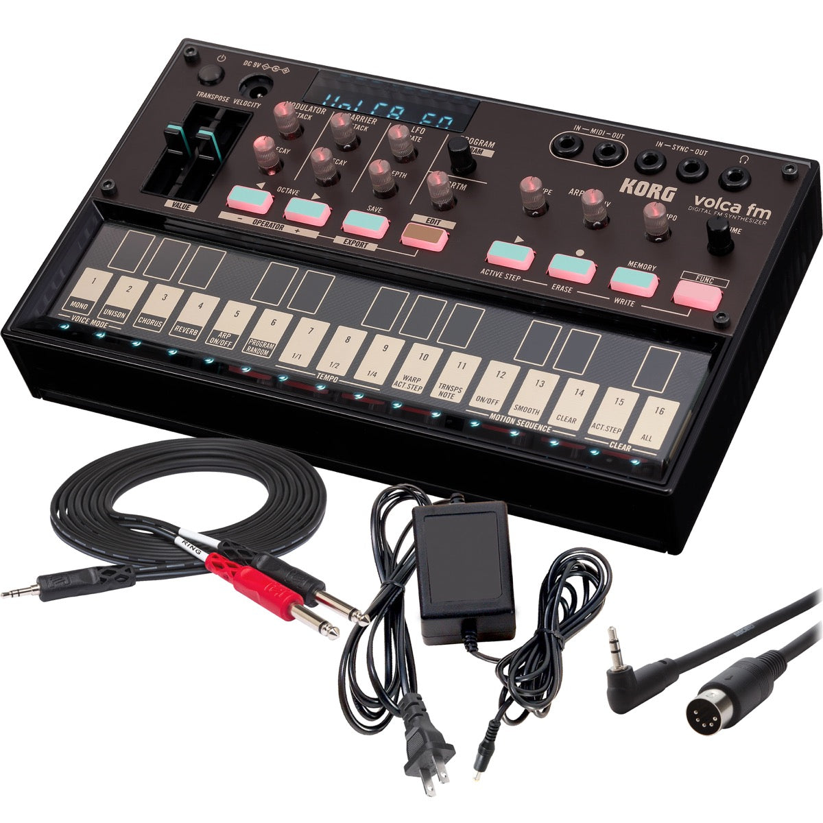 Collage showing components in Korg Volca FM 2 Digital FM Synthesizer POWER & CABLE RIG