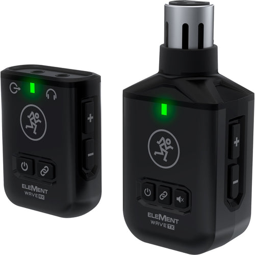 3/4 view of Mackie Element Wave XLR Wireless Handheld Microphone System receiver and transmitter showing fronts, right sides and tops