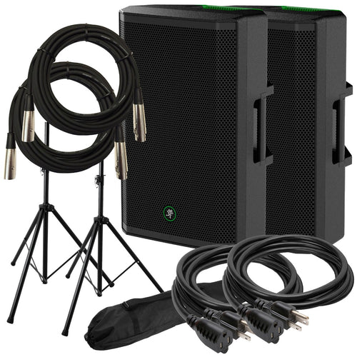 Collage of items in the Mackie Thrash 215 15-inch Powered Loudspeaker AUDIO ESSENTIALS BUNDLE