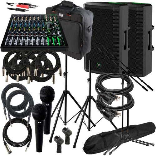 Collage of items in the Mackie Thrash 215 15-inch Powered Loudspeaker COMPLETE AUDIO BUNDLE