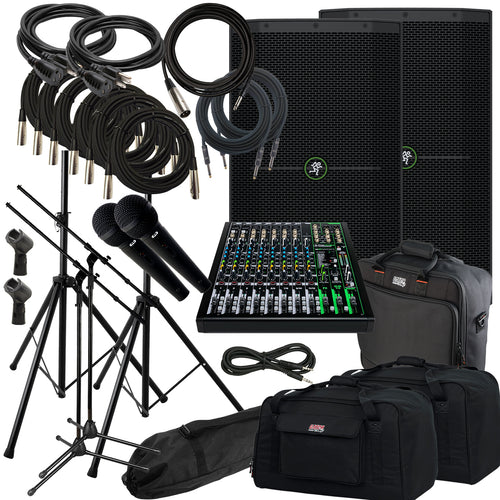 Collage of the components in the Mackie Thump 212 1400W 12" Powered Speaker COMPLETE AUDIO BUNDLE