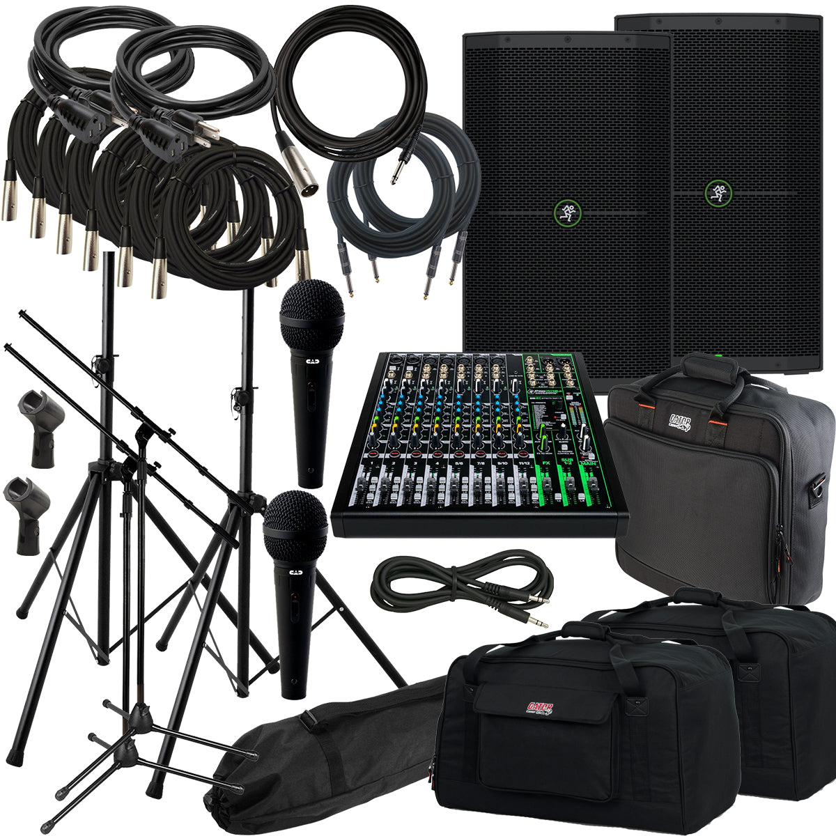 Collage of the components in the Mackie Thump 212XT 1400W 12" Enhanced Powered Speaker COMPLETE AUDIO BUNDLE