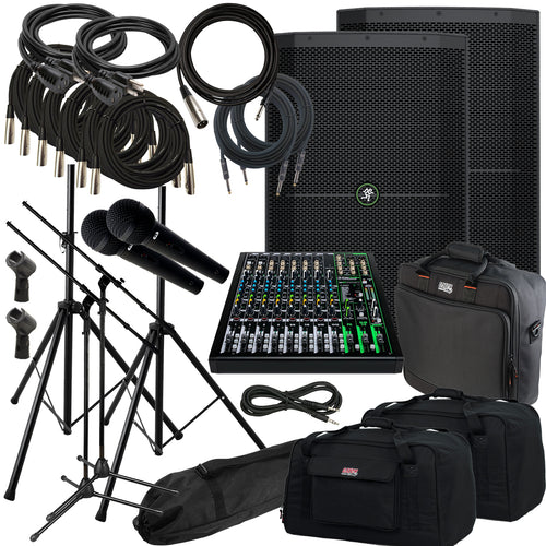 Collage of the components in the Mackie Thump 215 1400W 15" Powered Speaker COMPLETE AUDIO BUNDLE