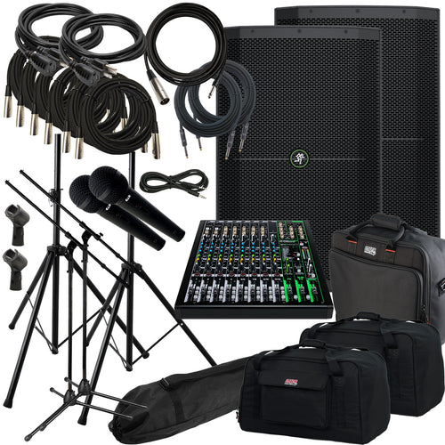 Collage of the components in the Mackie Thump 215XT 1400W 15" Enhanced Powered Speaker COMPLETE AUDIO BUNDLE