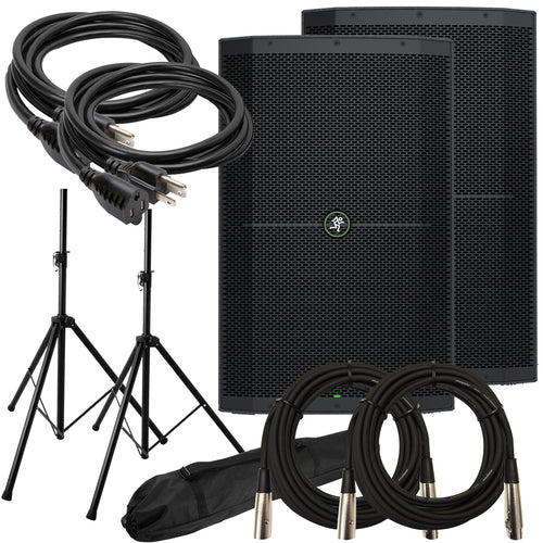 Collage of the components in the Mackie Thump 215XT 1400W 15" Enhanced Powered Speaker AUDIO ESSENTIALS BUNDLE