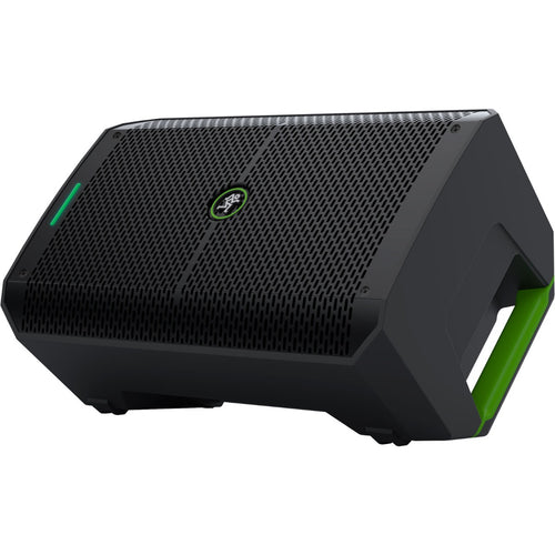 3/4 view of Mackie Thump Go Portable Battery-Powered Loudspeaker in sideways position showing front, right side and top