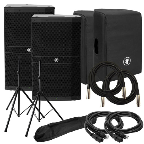 Collage of the Mackie DRM212 Powered Loudspeaker AUDIO ESSENTIALS BUNDLE showing included components