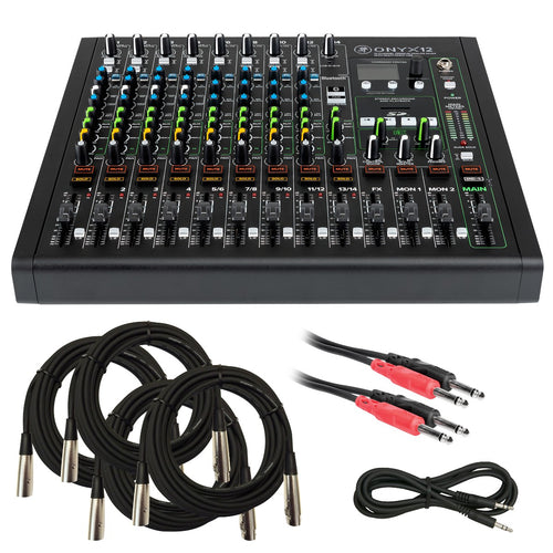 Collage image of the Mackie Onyx12 12-Channel Analog Mixer w/Multitrack USB CABLE KIT bundle