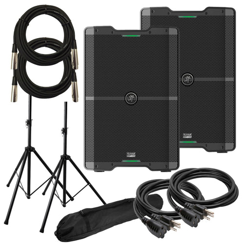 Collage of two Mackie SRM210 V-Class speakers with two stands, XLR cables, and power cables, as well as a carry bag for the stands.