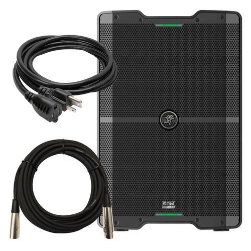 Collage of Mackie SRM210 V-Class speaker with power cable and XLR cable.