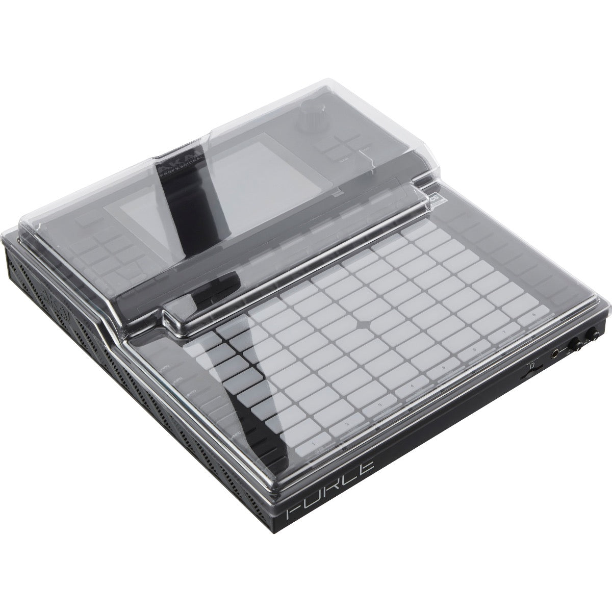 3/4 view of Decksaver Akai Professional Force Cover fitted onto Akai Professional Force (sold separately) showing top, front and left side