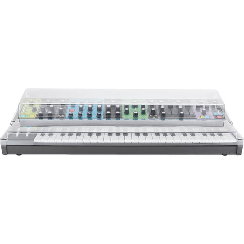 Perspective view of Decksaver Moog Matriarch / Matriarch Dark Cover fitted onto Moog Matriarch (sold separately) showing front and top