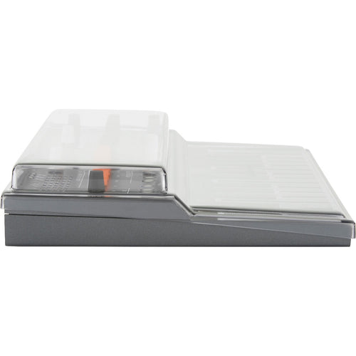Perspective view of Decksaver Arturia MicroFreak Cover fitted onto Arturia MicroFreak (sold separately) showing left side and top