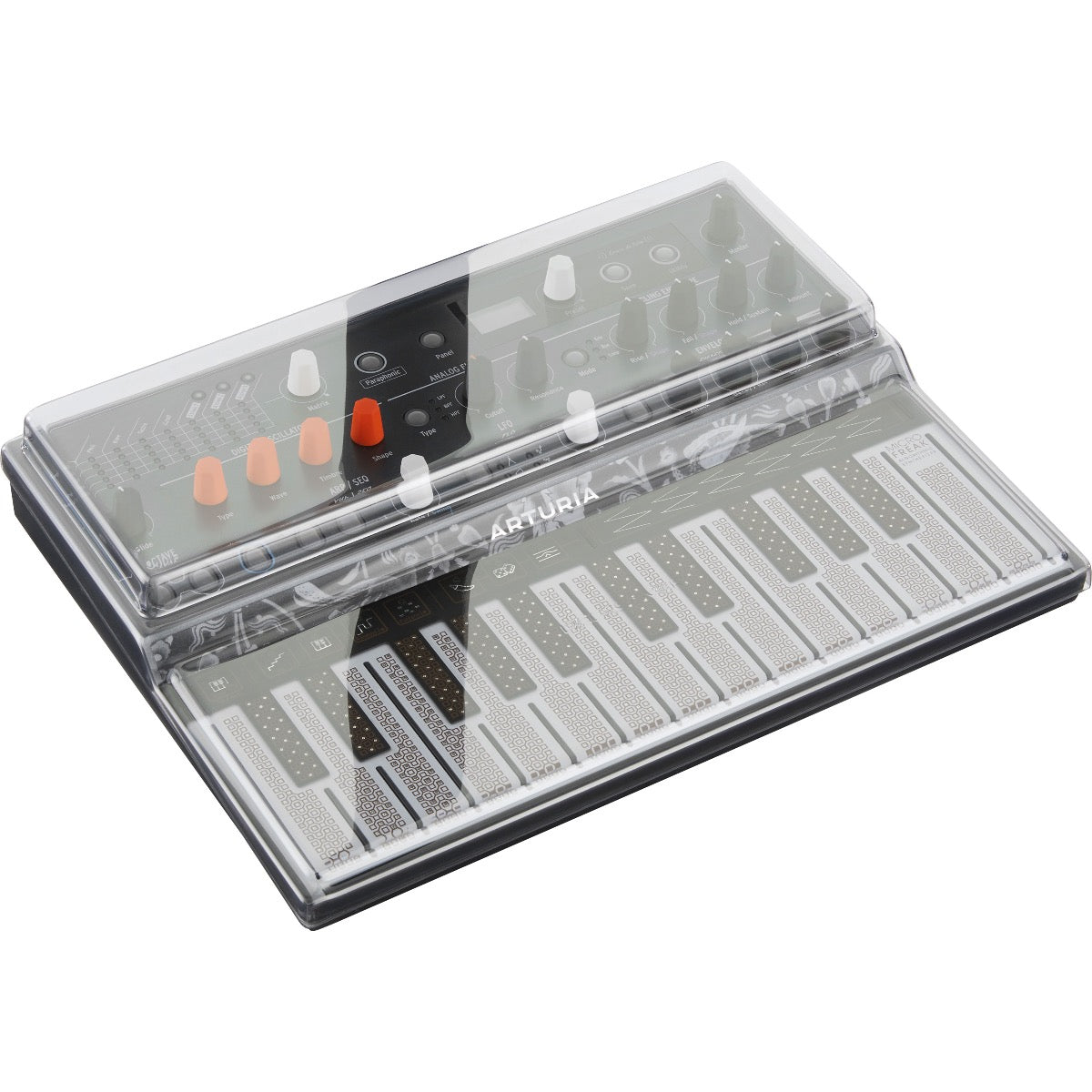 3/4 view of Decksaver Arturia MicroFreak Cover fitted onto Arturia MicroFreak (sold separately) showing top, front and left side