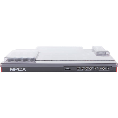 Perspective view of Decksaver Akai Professional MPC X Cover fitted onto Akai Professional MPC X (sold separately) showing front and top