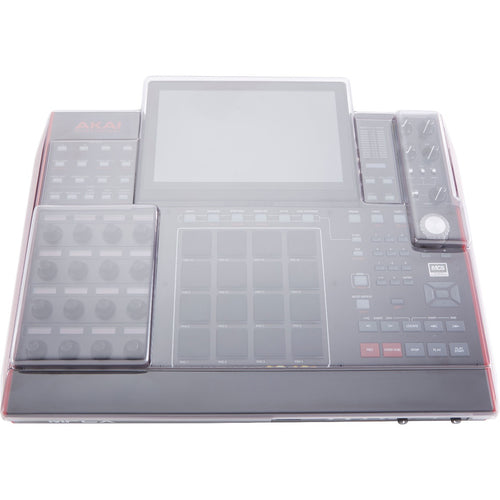 Perspective view of Decksaver Akai Professional MPC X Cover fitted onto Akai Professional MPC X (sold separately) showing top and front