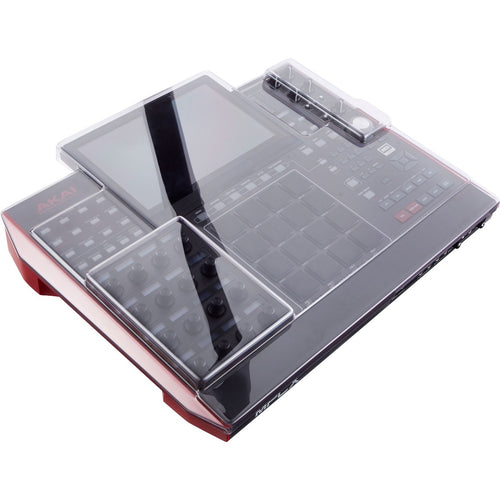 3/4 view of Decksaver Akai Professional MPC X Cover fitted onto Akai Professional MPC X (sold separately) showing top, front and left side