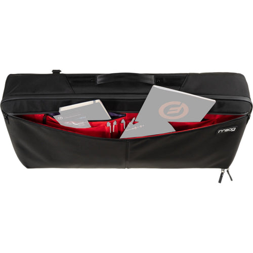 Perspective view of Moog Matriarch SR Case showing top and front with zippered pocket open and ghosted accessory images for reference