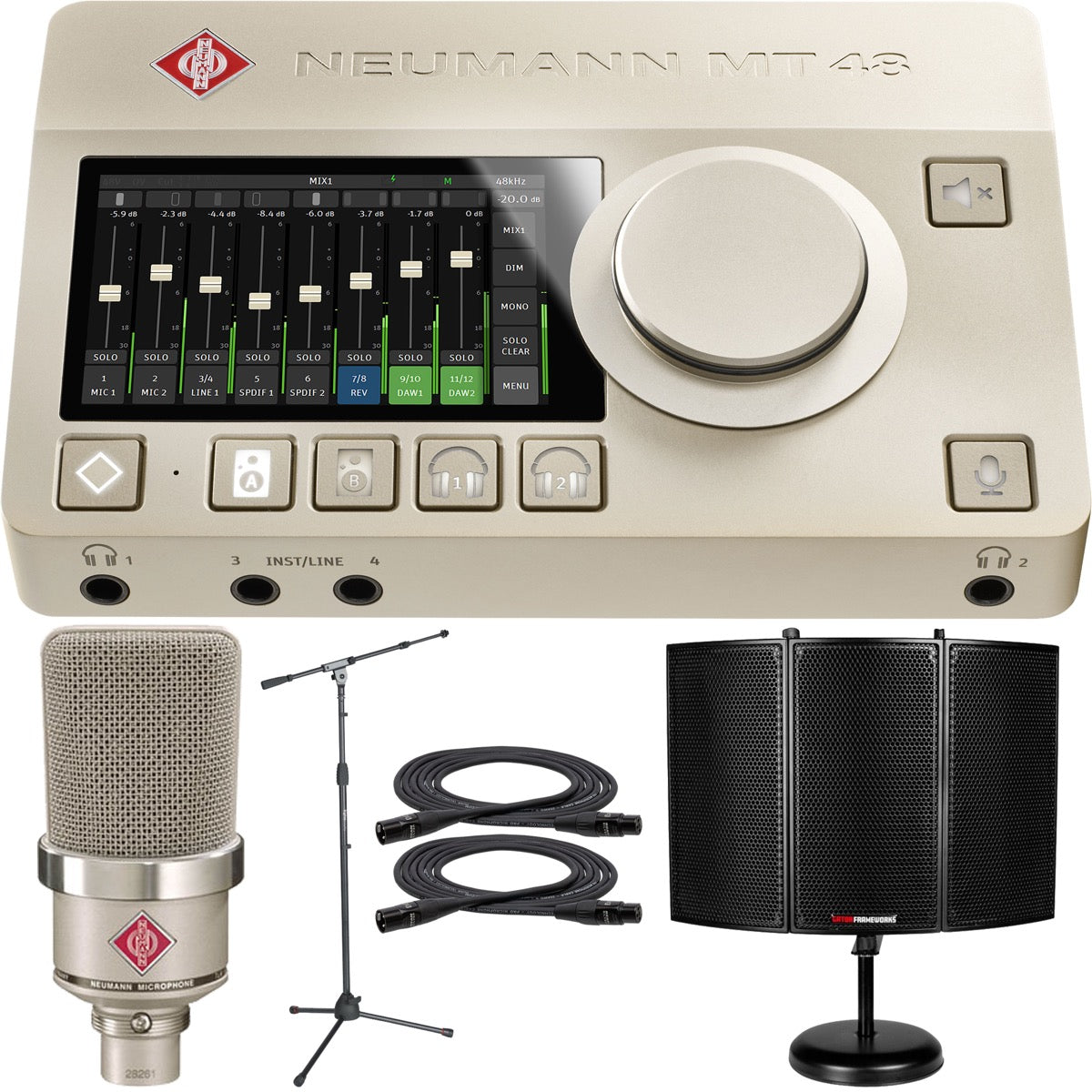 Collage showing components in Neumann MT 48 12in/16out USB-C Audio Interface STUDIO KIT