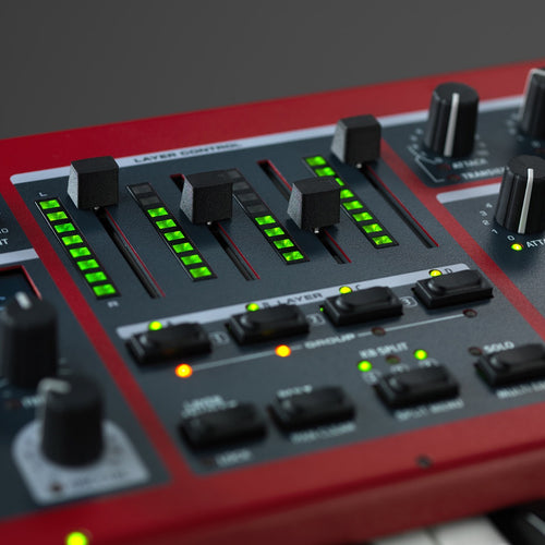 Detail closeup of Nord Wave 2 61-Key Performance Synthesizer control panel showing Layer control section