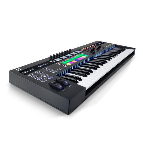 3/4 view of Novation 49SL MKIII Keyboard Controller and Sequencer showing top, left side and front