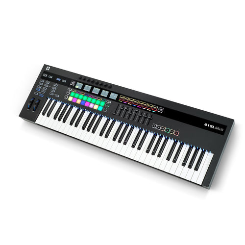 3/4 perspective view of Novation 61SL MKIII Keyboard Controller and Sequencer showing top, right side and front