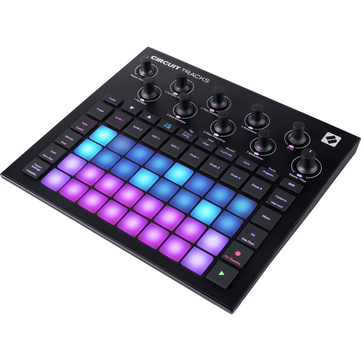 3/4 view of Novation Circuit Tracks Groovebox with Synths, Drums and Sequencer showing top, front and right side