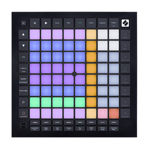 Top view of Novation Launchpad Pro with pads lit up in orange, green, grey and three shades of purple