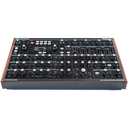 Perspective view of Novation Peak 8-Voice Polyphonic Desktop Synthesizer showing top and front