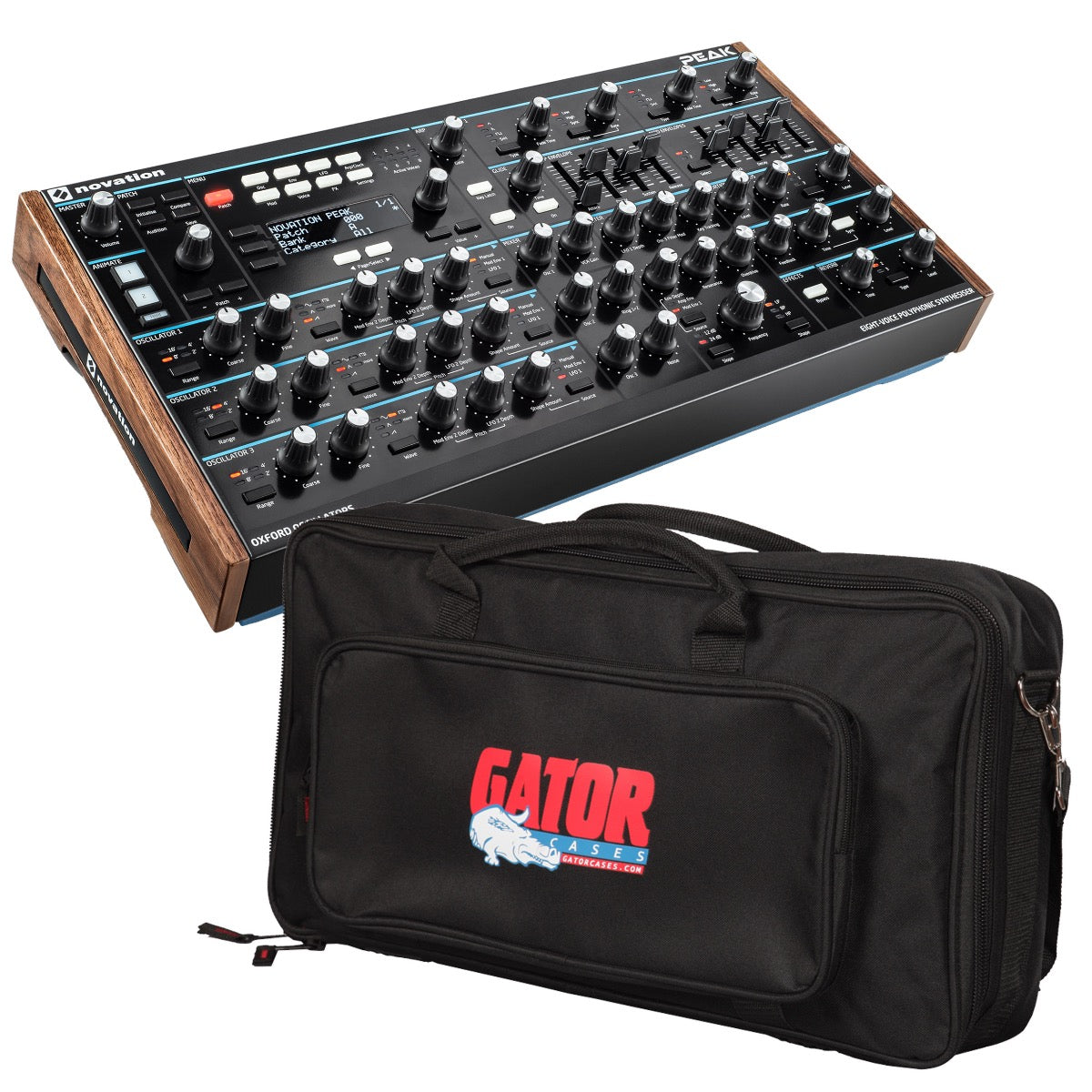 Bundle collage image of Novation Peak 8-Voice Polyphonic Desktop Synthesizer CARRY BAG KIT bundle