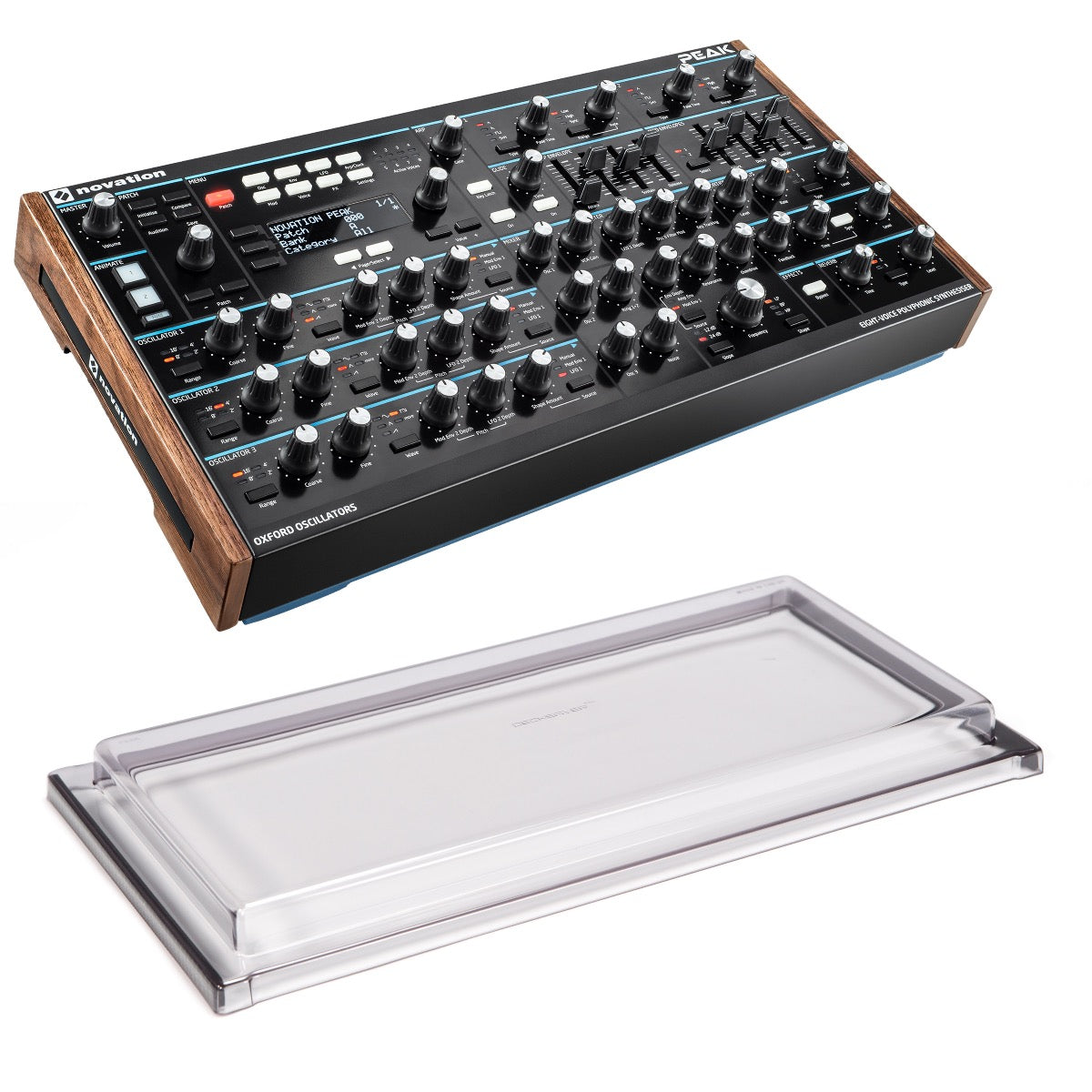 Bundle collage image of Novation Peak 8-Voice Polyphonic Desktop Synthesizer DECKSAVER KIT bundle