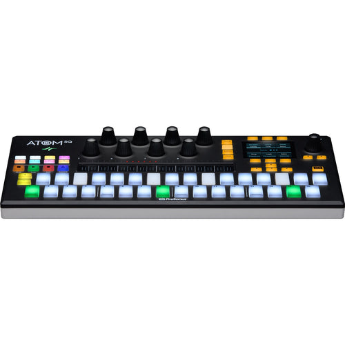 Perspective view of PreSonus Atom SQ Keyboard/Pad Controller with keyboard/step pads lit up white and green showing top and front