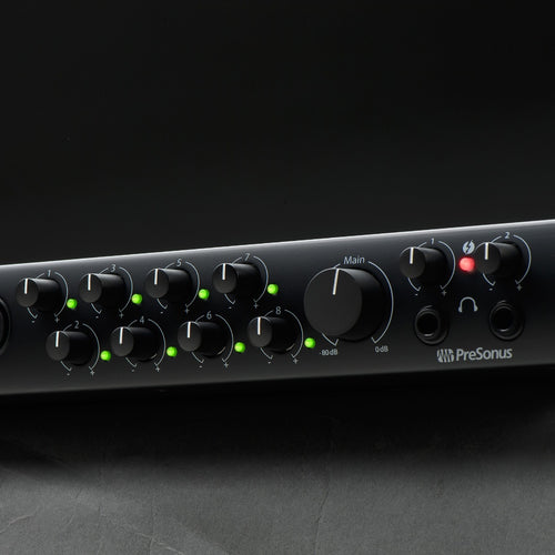 PreSonus Quantum 2626 Thunderbolt Audio Interface - closeup right angle front panel