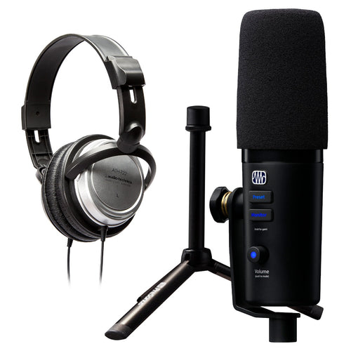 Collage of the components in the PreSonus Revelator Dynamic USB Microphone BONUS PAK bundle