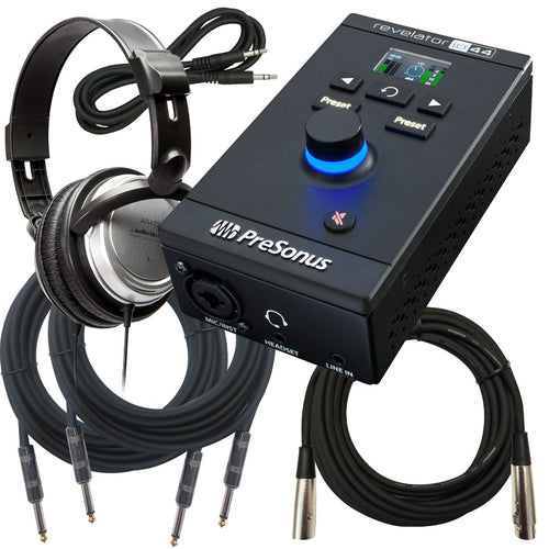 Collage of the PreSonus Revelator io44 USB-C Audio Interface STUDIO RIG with included components
