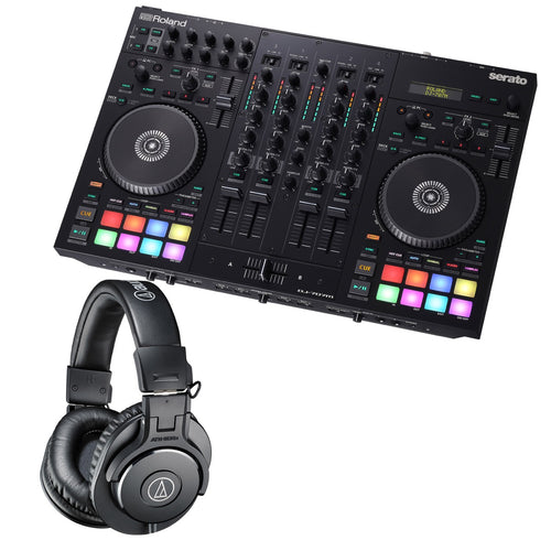 Collage showing components in Roland DJ-707M DJ Controller/Mixer with Serato DJ Pro STUDIO KIT