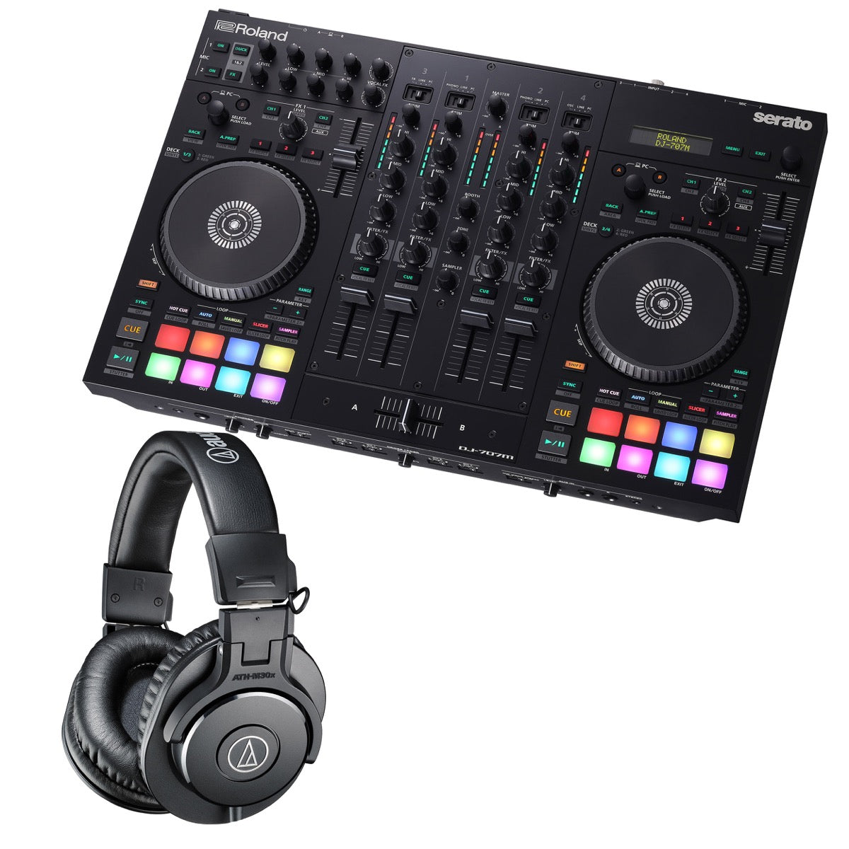 Collage showing components in Roland DJ-707M DJ Controller/Mixer with Serato DJ Pro STUDIO KIT