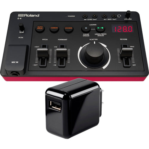 Collage showing components in Roland Aira Compact E-4 Voice Tweaker POWER KIT