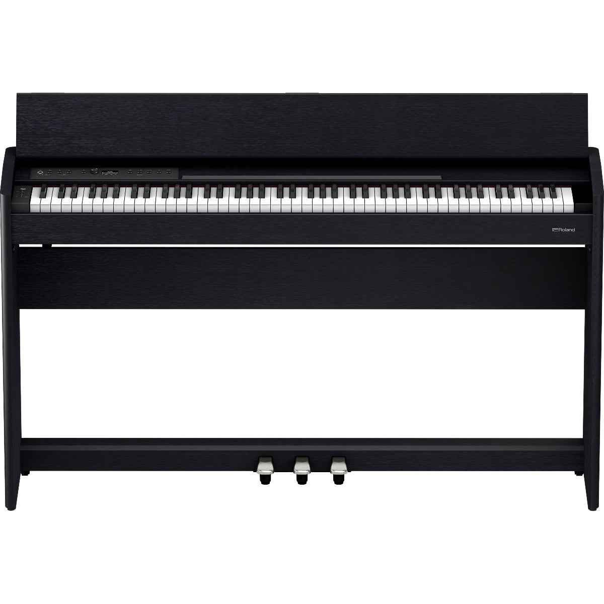 Perspective view of Roland F701 Digital Piano - Contemporary Black showing top and front
