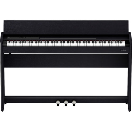 Perspective view of Roland F701 Digital Piano - Contemporary Black showing top and front