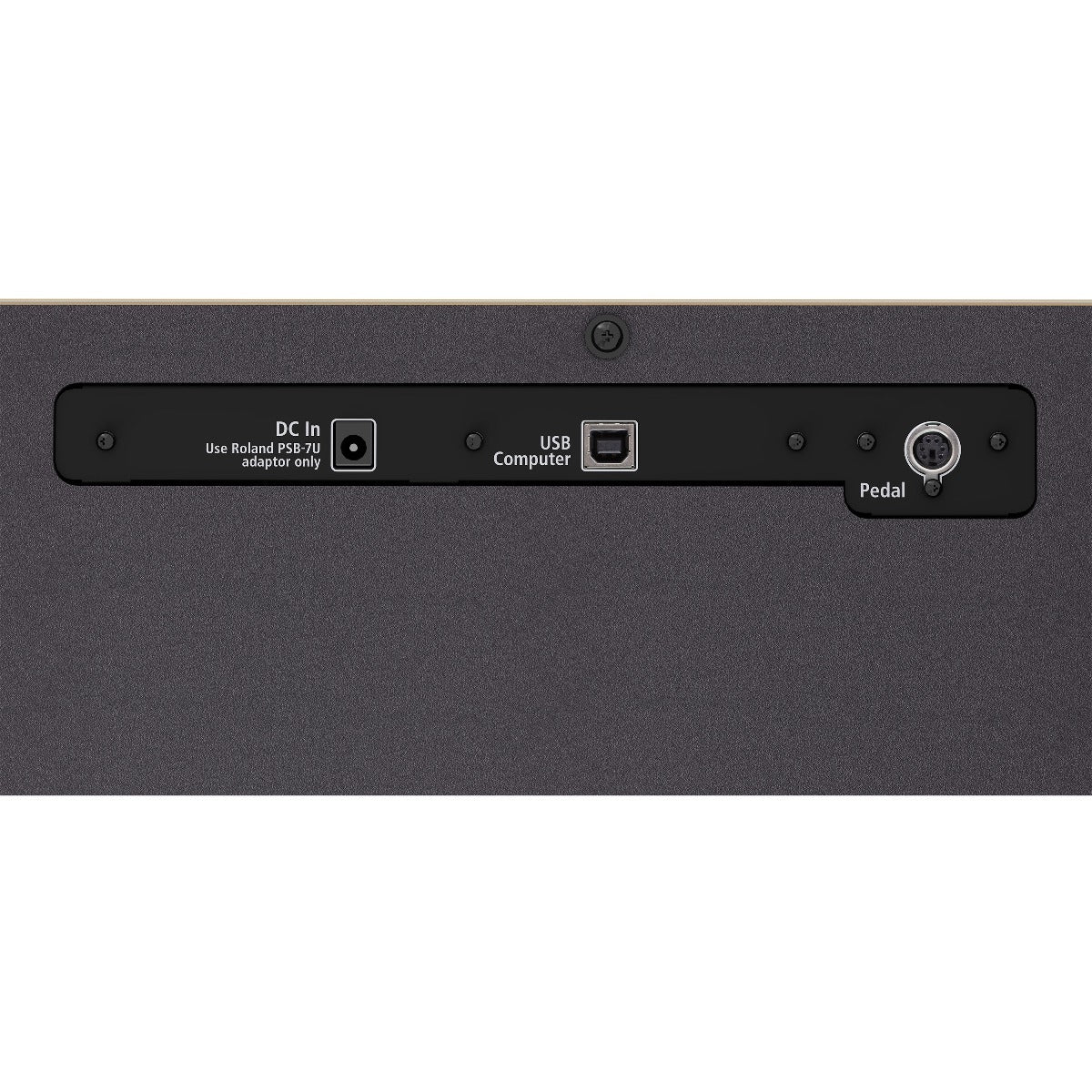 Detail underside view of Roland F701 Digital Piano - Light Oak showing power, USB and pedal connectors
