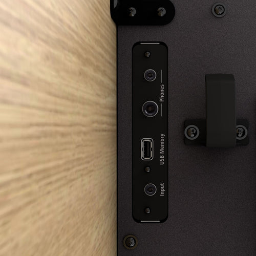 Detail underside view of Roland F701 Digital Piano - Light Oak showing audio and data connections