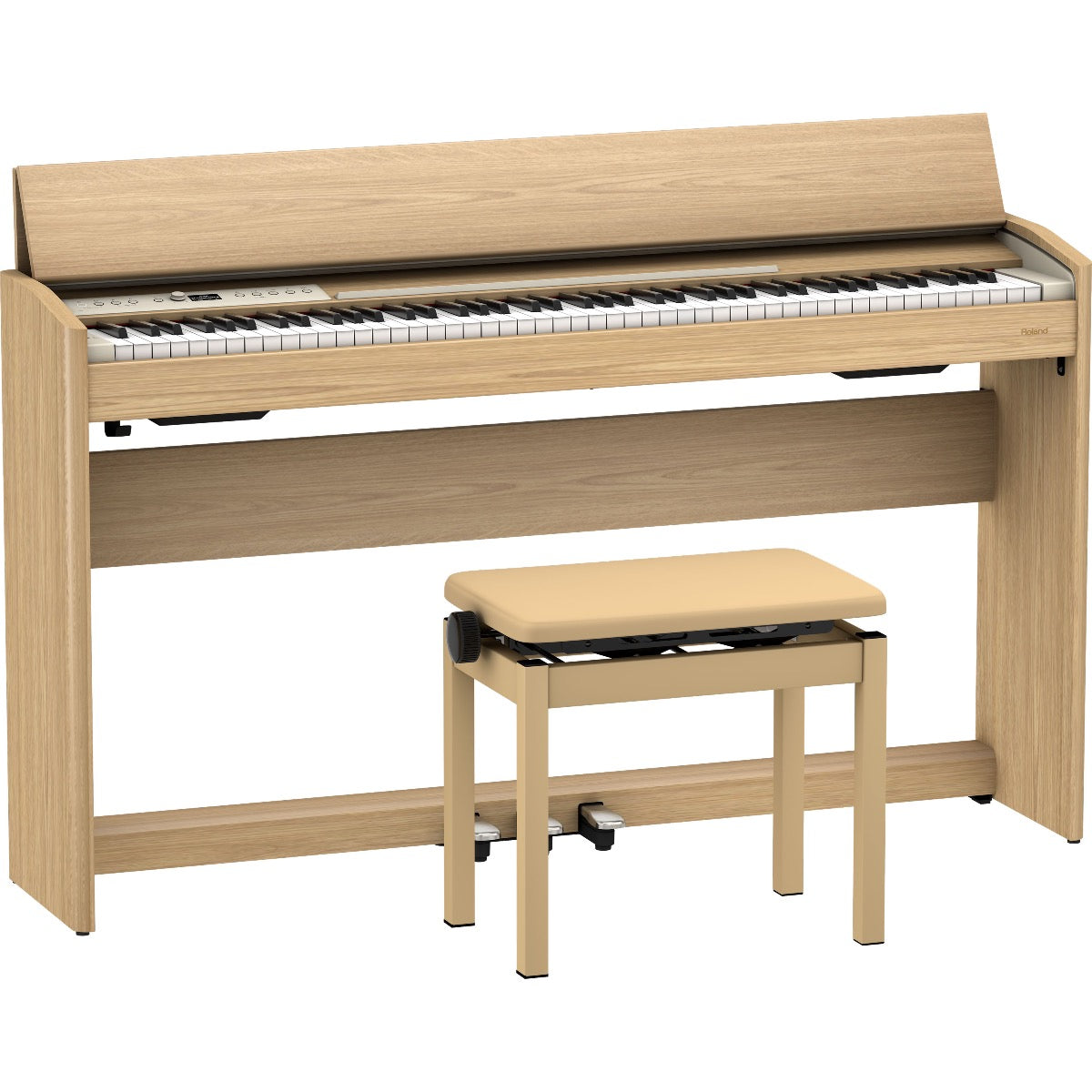 3/4 view of Roland F701 Digital Piano - Light Oak with included BNC-05 matching bench showing front, top and left sides