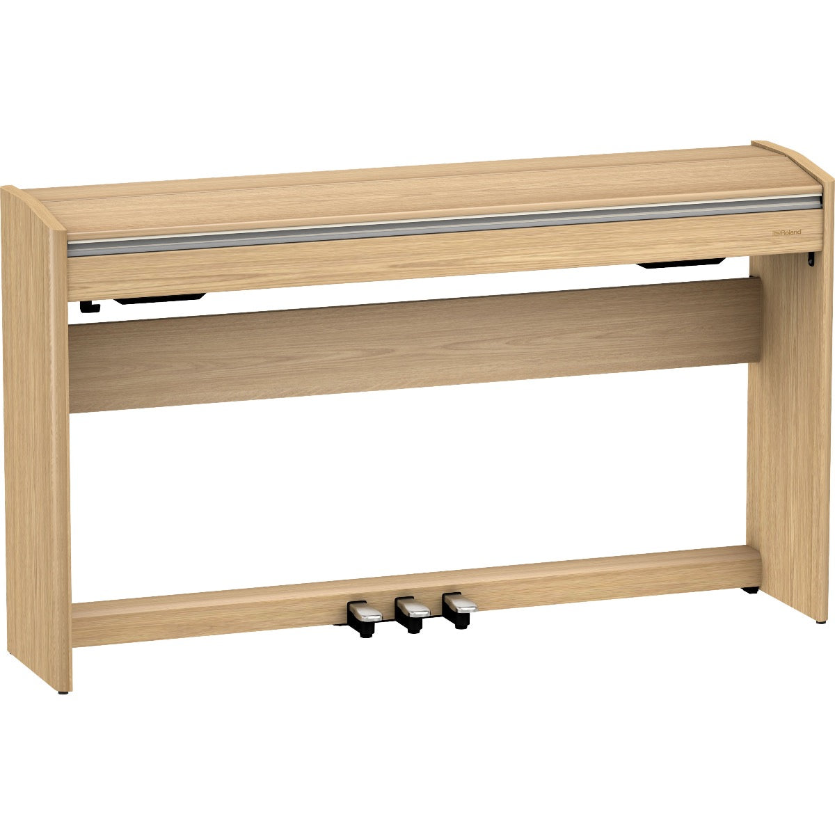 3/4 view of Roland F701 Digital Piano - Light Oak with key cover closed showing front, top and left side