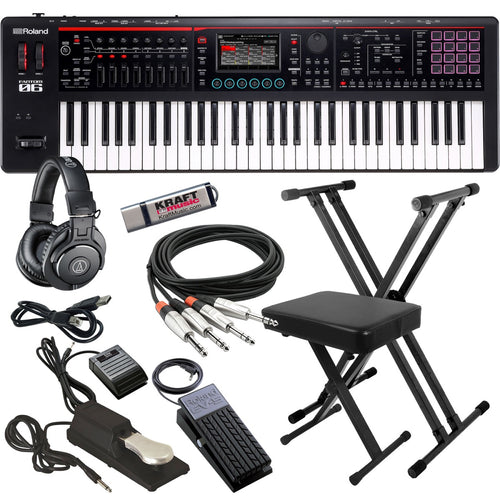 Collage showing components in Roland Fantom-06 Workstation Keyboard KEY ESSENTIALS BUNDLE
