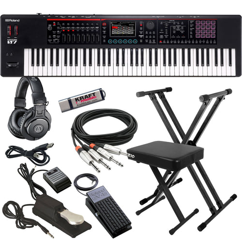 Collage showing components in Roland Fantom-07 Workstation Keyboard KEY ESSENTIALS BUNDLE