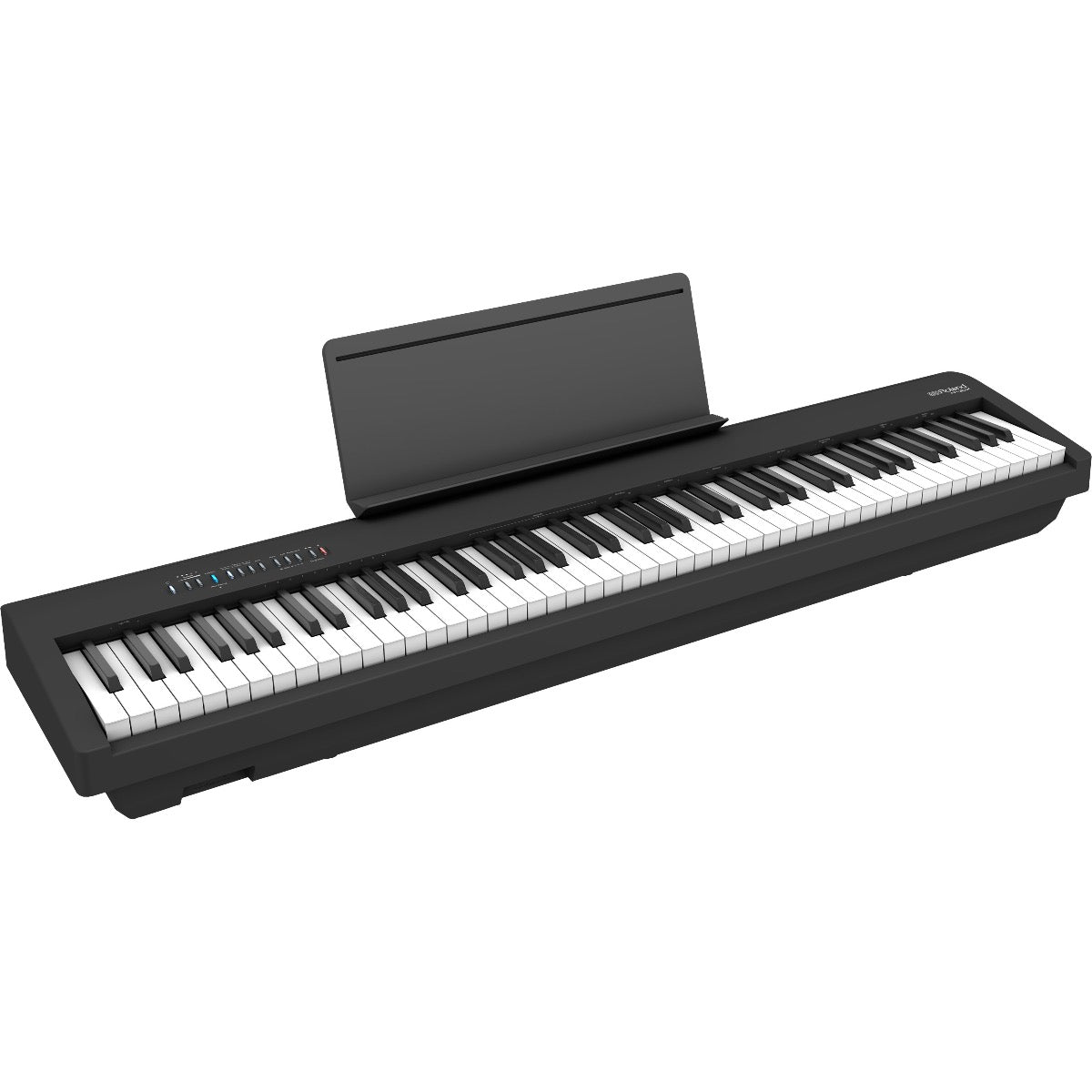 3/4 view of Roland FP-30X Digital Piano - Black with music rest installed showing top, front and left side
