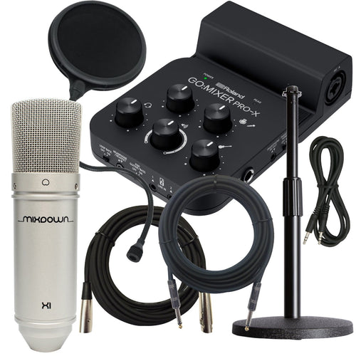 Collage of the components in the Roland Go:Mixer Pro-X Audio Mixer for Smartphones STUDIO KIT bundle